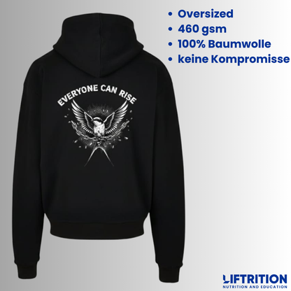 Design Schwalbe: Hoodie flach von hinten, dazu die Eckdaten — oversized, 460 gsm, 100 % Baumwolle.