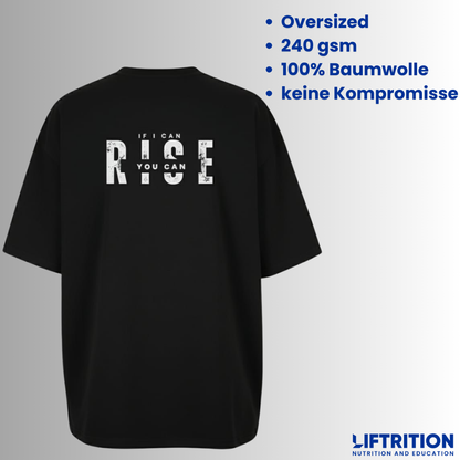 Design Slogan: T-Shirt von hinten, Schriftzug „R!SE“ groß im Rücken.