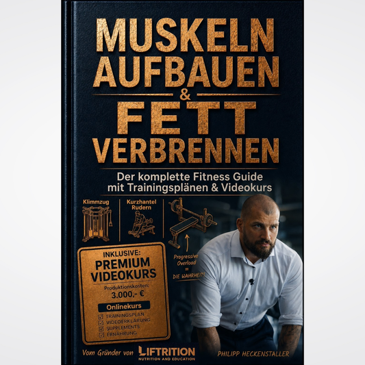 Cover: „Muskeln aufbauen & Fett verbrennen“ — der komplette Fitness-Guide mit Trainingsplänen und Videokurs.
