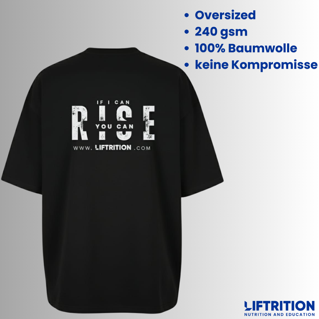 Design Slogan: schwarzes T-Shirt von hinten mit dem Schriftzug „R!SE“, dazu die Eckdaten — oversized, 240 gsm, 100 % Baumwolle.