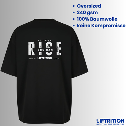 Design Slogan: schwarzes T-Shirt von hinten mit dem Schriftzug „R!SE“, dazu die Eckdaten — oversized, 240 gsm, 100 % Baumwolle.