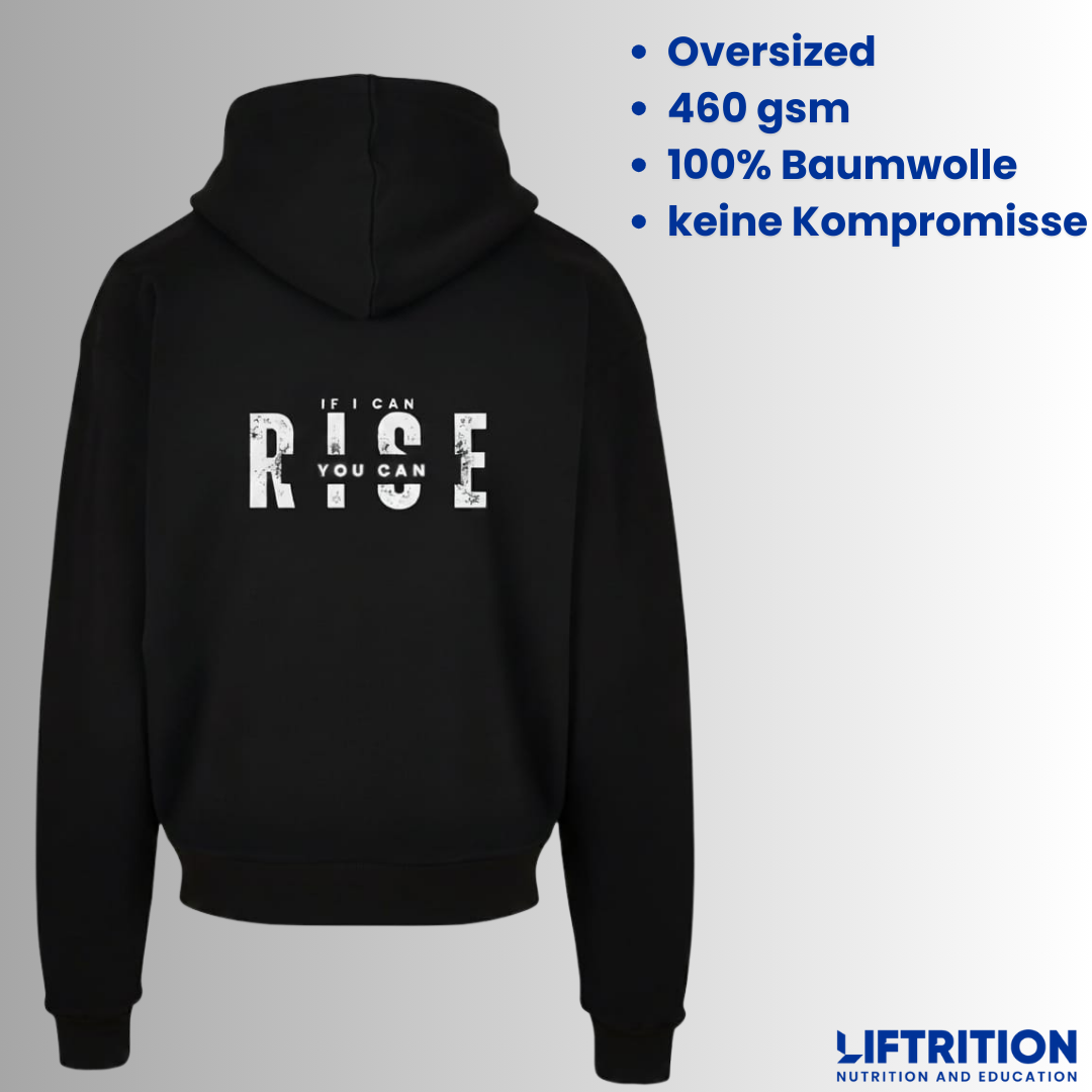Design Slogan: Hoodie flach von hinten mit dem Schriftzug „R!SE“, dazu die Eckdaten.