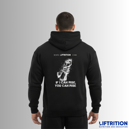 Design Helping Hand: Mann von hinten, Rückendruck mit ausgestreckter Hand und „If I can rise, you can rise“.