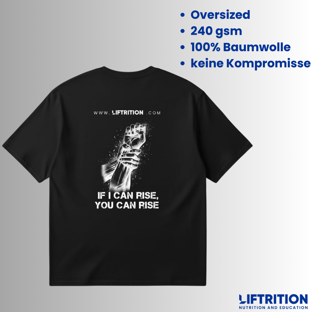 Design Helping Hand: T-Shirt von hinten mit ausgestreckter Hand und „If I can rise, you can rise“.