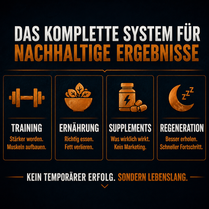 Die vier Bausteine des Buches: Training, Ernährung, Supplements und Regeneration.