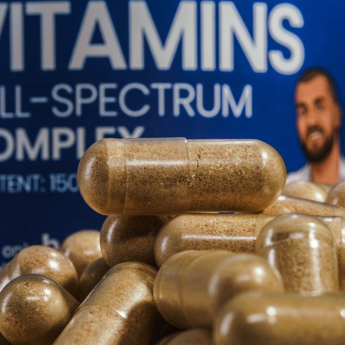 Makroaufnahme: beige Kapseln vor dem Etikett mit der Aufschrift Vitamins Full-Spectrum Complex, 150 Kapseln.