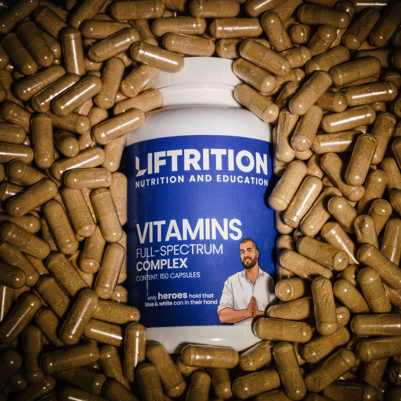 Draufsicht: die Liftrition-Dose liegt in einem dichten Bett aus hunderten beigen Kapseln.