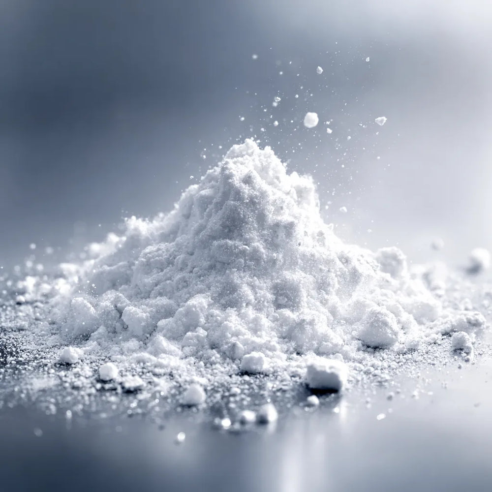 Makroaufnahme des feinen weißen Magnesium-Bisglycinat-Pulvers.